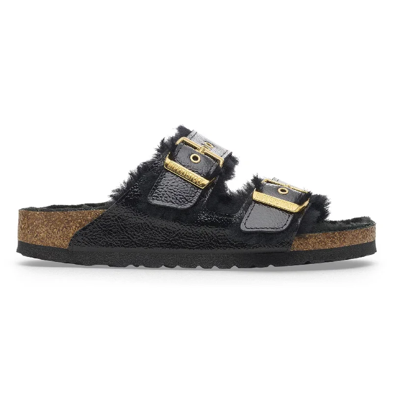 Birkenstock Women's Arizona Shearling Eyelets Naplak Black Patent Leather